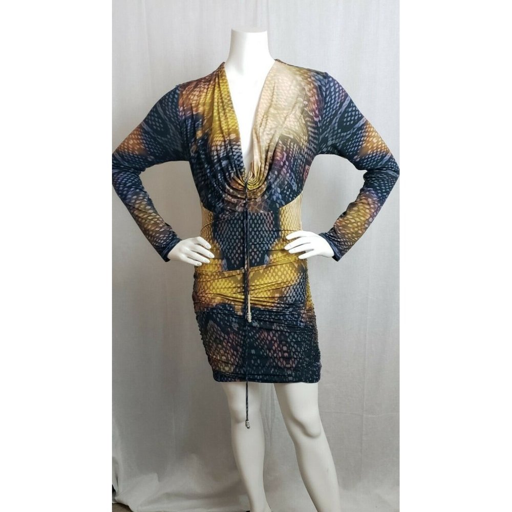 sky dress large multicolor animal print low v-neck sexy bodycon ruched sides